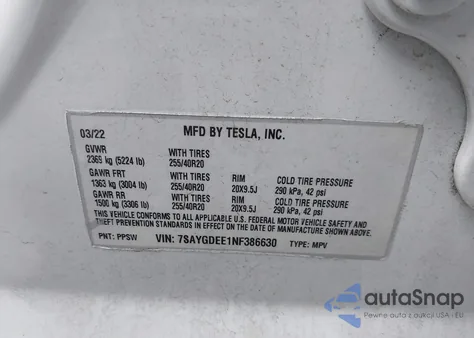 2022 Tesla Model Y из США, поврежденный, VIN 7SAYGDEE1NF386630